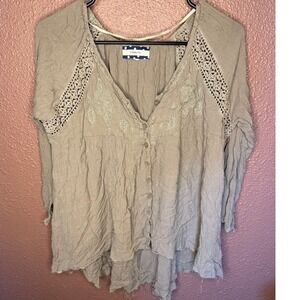 Boho Embroidered Button Down Top Crochet Details‎ Blouse Fairy Whimsy